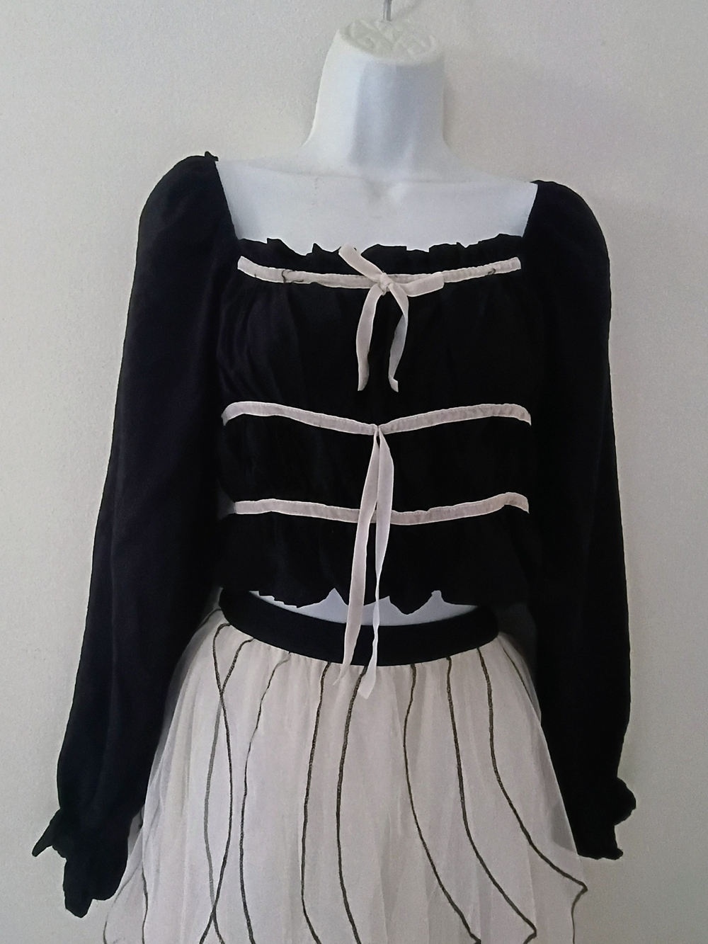 Black Peasant Top with Cream Ribbon Detail
